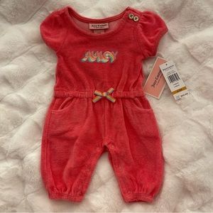 NWT Baby Juicy Couture Jumpsuit Romper Coral Pink Logo Bow Ruffle Pockets 0-3 M